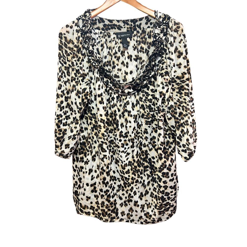 INC International Concepts Woman 2X Animal Print Ruffle Neck Top - Picture 2 of 6
